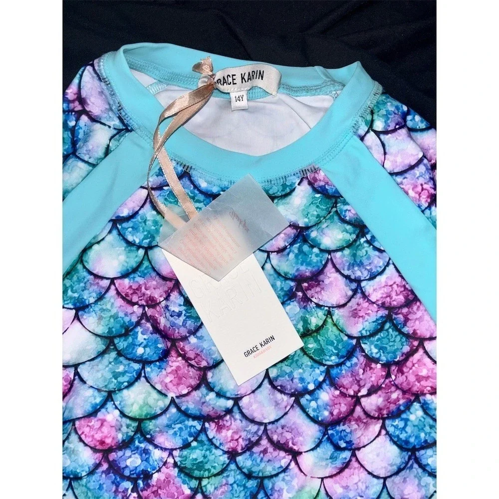 Grace Karin Girls Rash Guard Swim Top Size 14 Mermaid Scales Long Sleeve UPF 50+